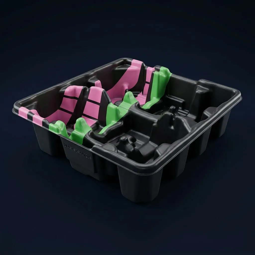Werkstückträger schwarz mit farbigen Einlegern für sichere Bauteilpositionierung — Scafa Thermoforming